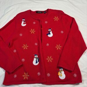 Crystal-Kobe Red Snowman Christmas Cardigan Sweater Holiday‎ Winter Festive L